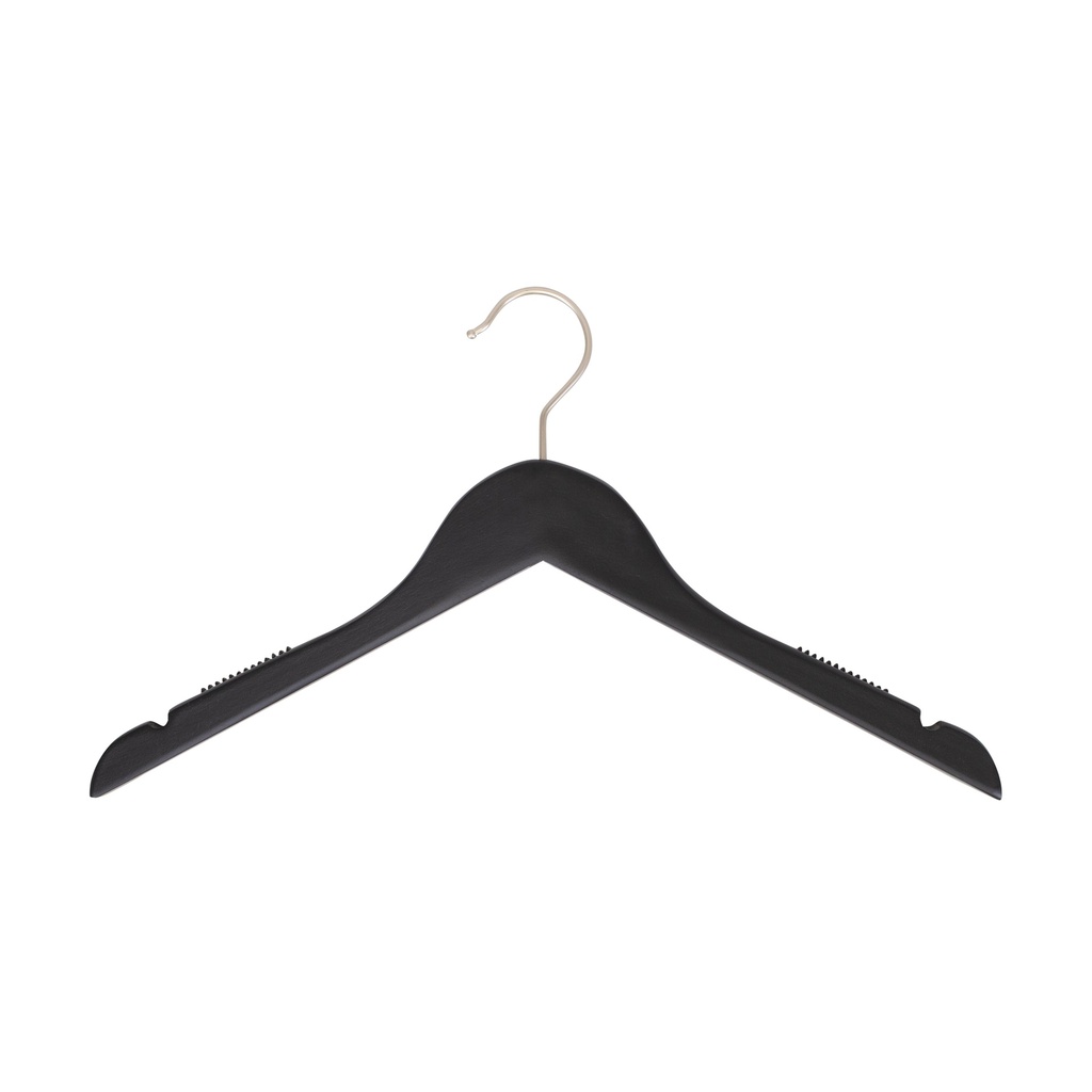 Black clothes hanger with anti-slip for women's clothes, lotus wood, black matt finish, 41 cm, matt hook - box of 100 pcs