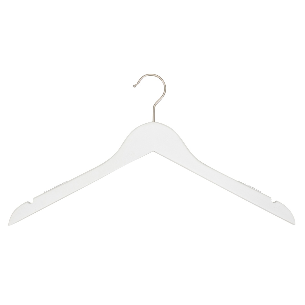 White clothes hanger with anti-slip for adult clothes, lotus wood, white matt finish, 44 cm, matt hook - box of 100 pcs