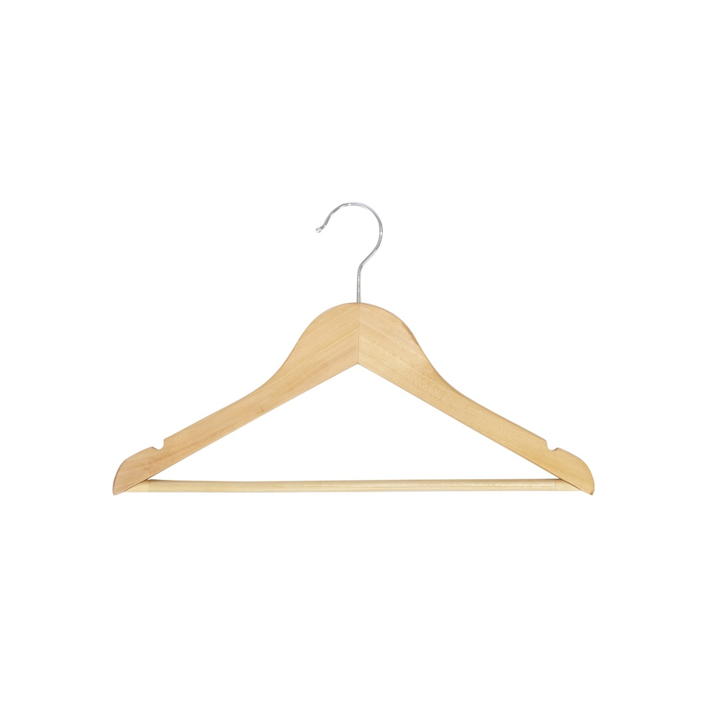 Clothes hanger with anti-slip trouser bar for children's clothes, lotus wood, clear varnish, 35 cm, shiny hook - box of 100 pcs