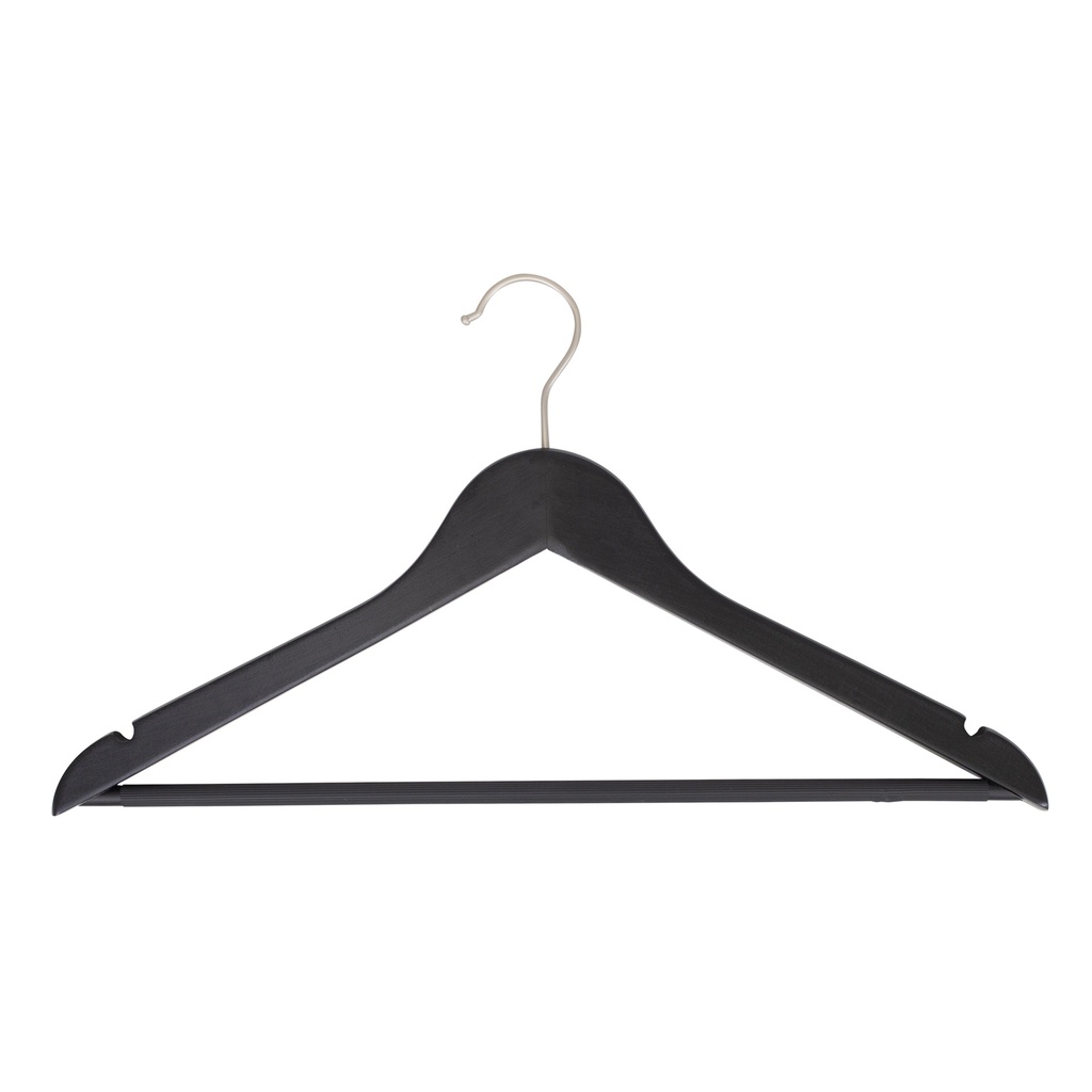 BINK - Black clothes hanger with anti-slip trouser bar for adult clothes, lotus wood, black matt finish, 44 cm, matt hook - box of 100 pcs