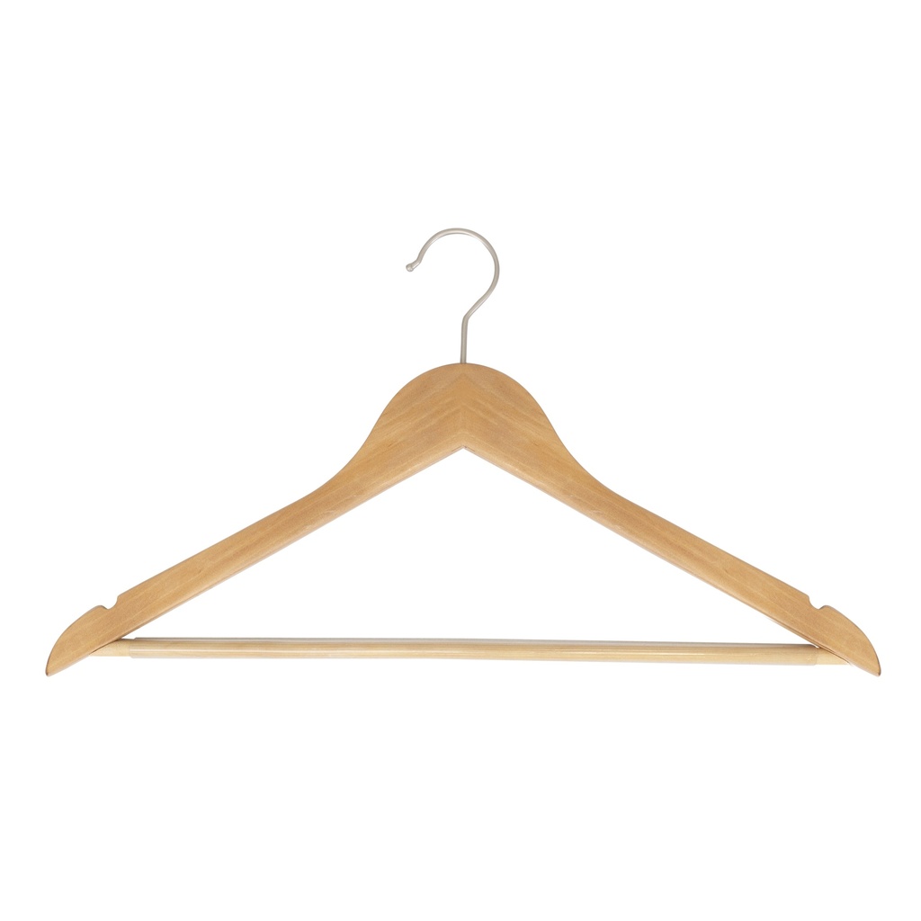 BINK - Clothes hanger with anti-slip trouser bar for adult clothes, lotus wood, clear varnish, 44 cm, matt hook - box of 100 pcs