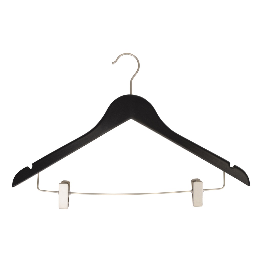 BINK - Black clothes hanger with clips for adult clothes, lotus wood, black matt finish, 44 cm, matt hook - box of 100 pcs