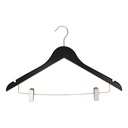 Black clothes hanger with clips for adult clothes, lotus wood, black matt finish, 44 cm, matt hook - box of 100 pcs