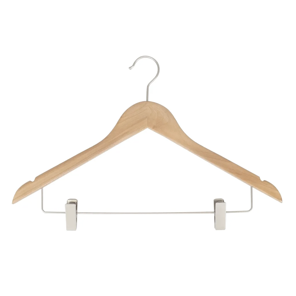Clothes hanger with clips for adult clothes, lotus wood, clear varnish, 44 cm, matt hook - box of 100 pcs