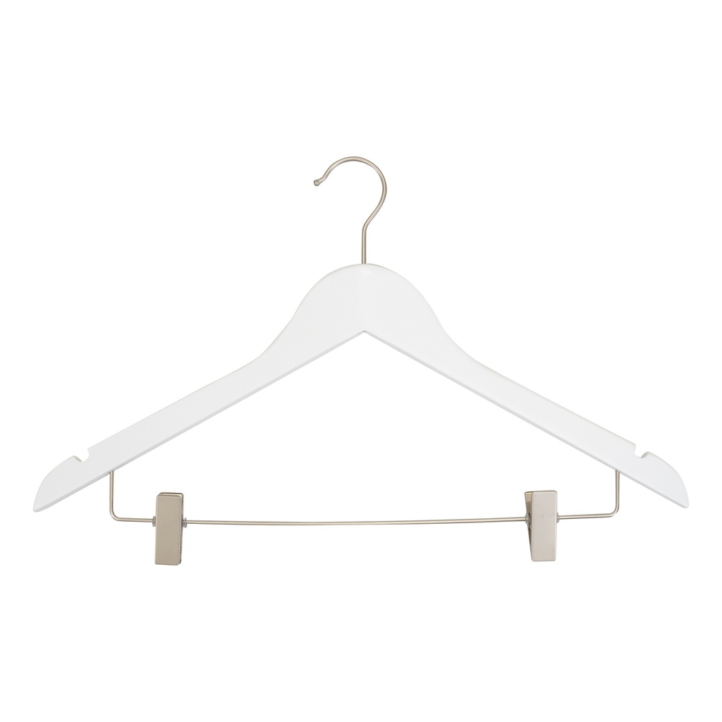 BINK - White clothes hanger with clips for adult clothes, lotus wood, white matt finish, 44 cm, matt hook - box of 100 pcs