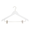 White clothes hanger with clips for adult clothes, lotus wood, white matt finish, 44 cm, matt hook - box of 100 pcs