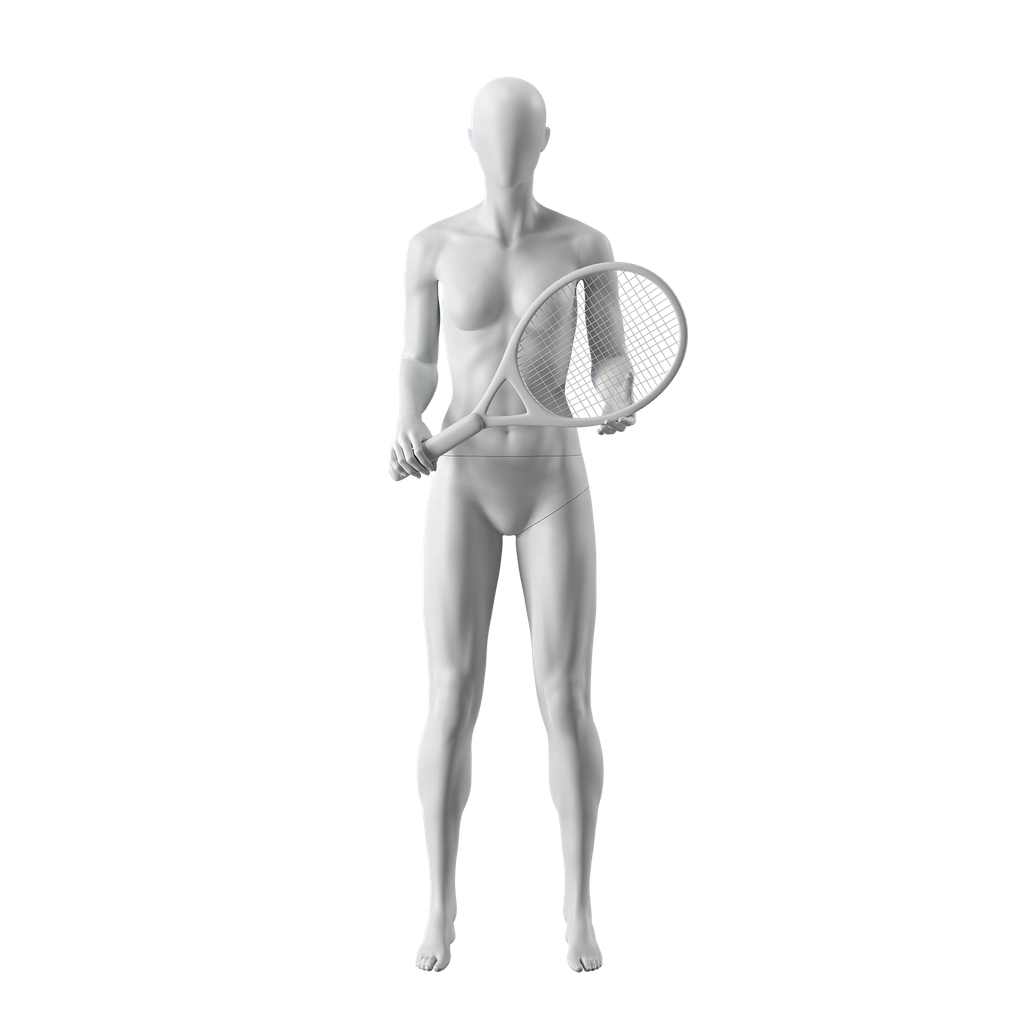 Tennis / padel mannequin, female, grey, abstract head, standing pose 02
