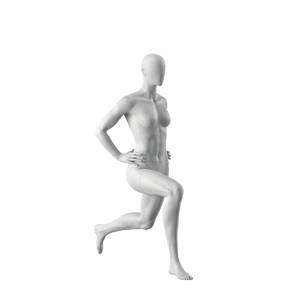 Workout lunges sports female mannequin, grey, abstract head, standing pose 06