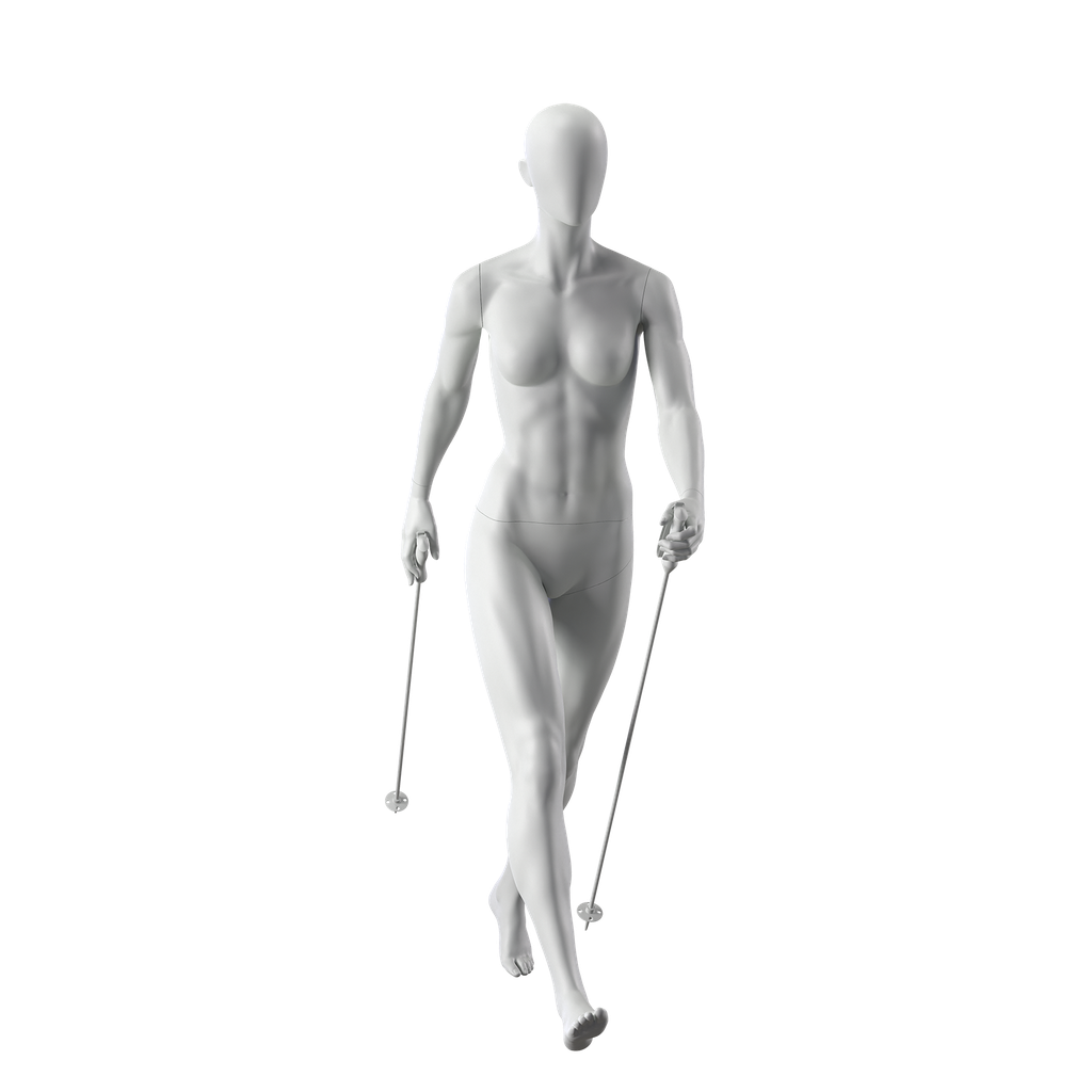 Trekking sport mannequin, female, grey, abstract head, standing pose 23