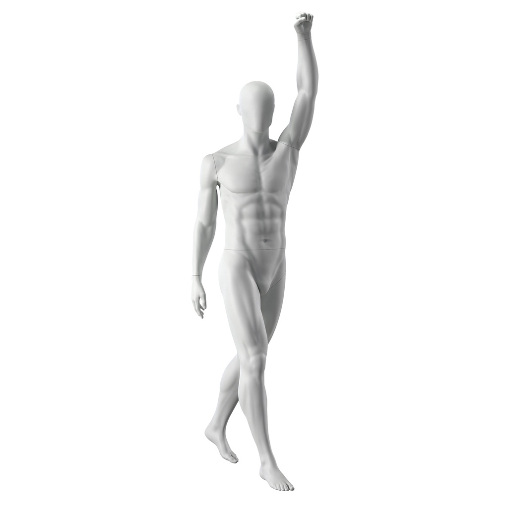 Cheering sport mannequin, male, grey, abstract head, standing pose 306