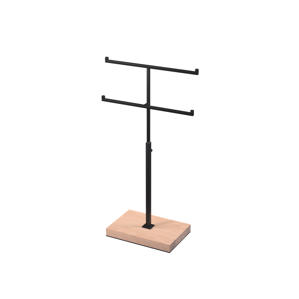 Double T-stand, for jewelry display, black powder-coated steel with wooden base