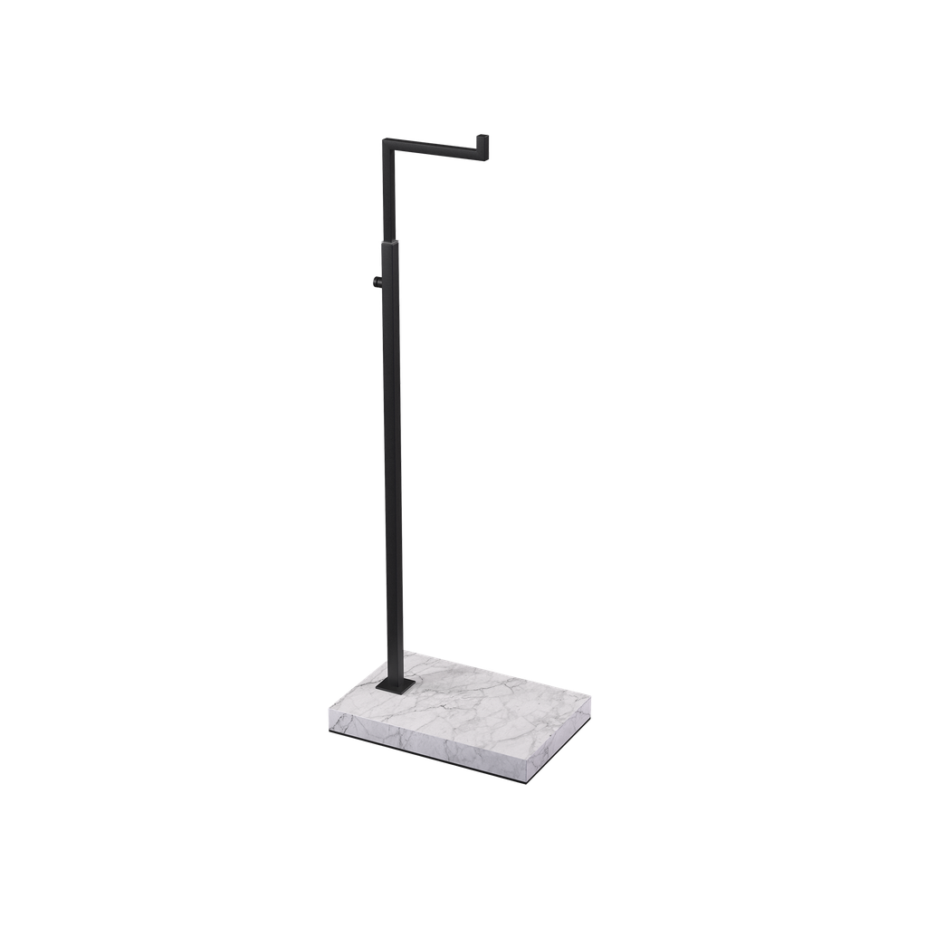 BINK - Adjustable L-stand, for displaying leather goods, handbags, and fashion accessories, black powder-coated steel with marble-look base