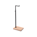 Adjustable L-stand, for displaying leather goods, handbags, and fashion accessories, black powder-coated steel with wooden base