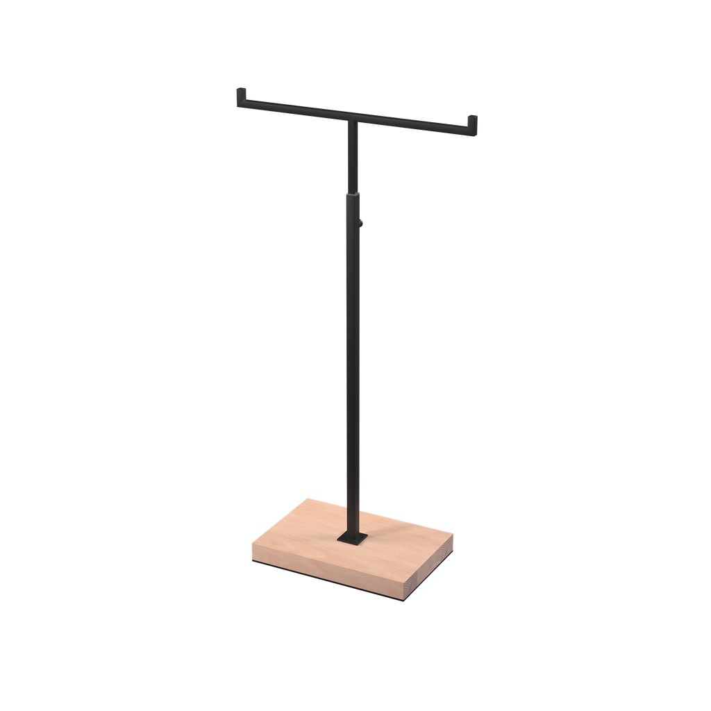 BINK - Adjustable T-stand, for displaying (hand)bags, scarves, and jewelry, black powder-coated steel with wooden base