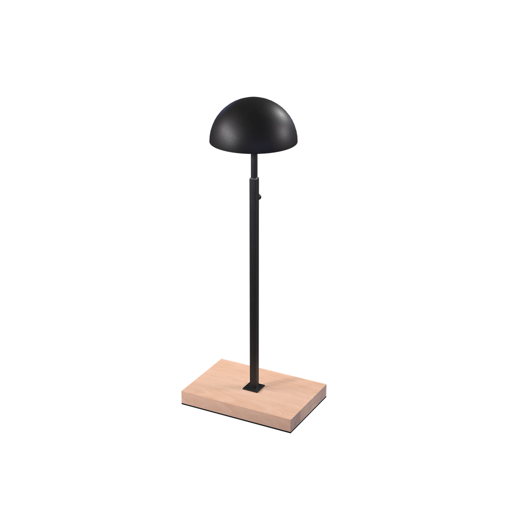 BINK - Hat display stand, for displaying hats and caps, black powder-coated steel with wooden base