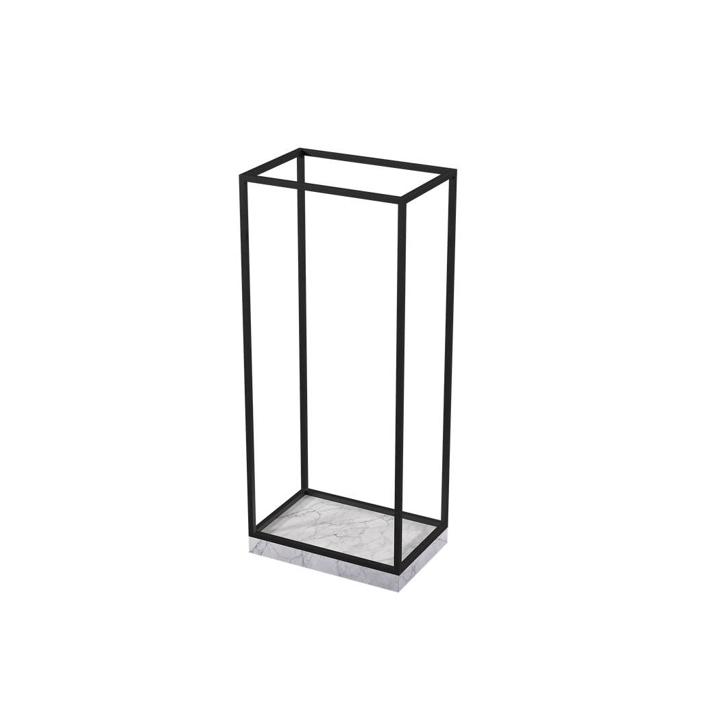 Universal accessories display, for displaying (hand)bags, scarves, jewelry, glasses, shoes, black powder-coated steel with marble-look base