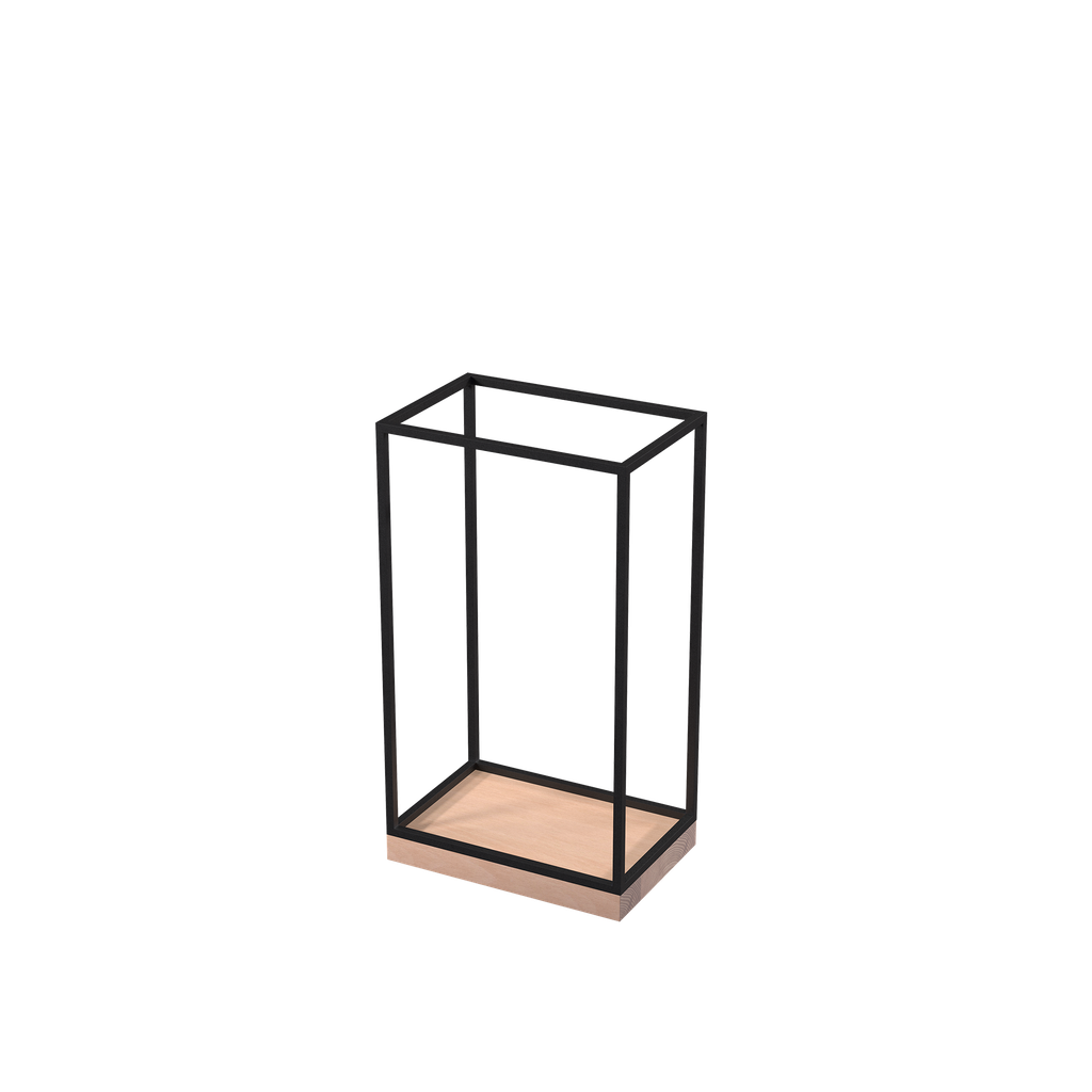 BINK - Universal accessories display, for displaying (hand)bags, scarves, jewelry, glasses, shoes, black powder-coated steel with wooden base