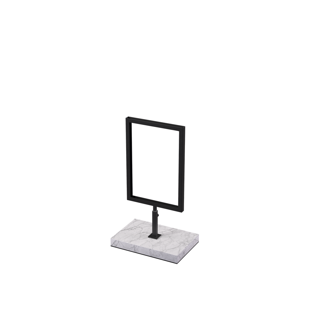 A5 info display, adjustable height, black powder-coated steel with marble-look base, interior