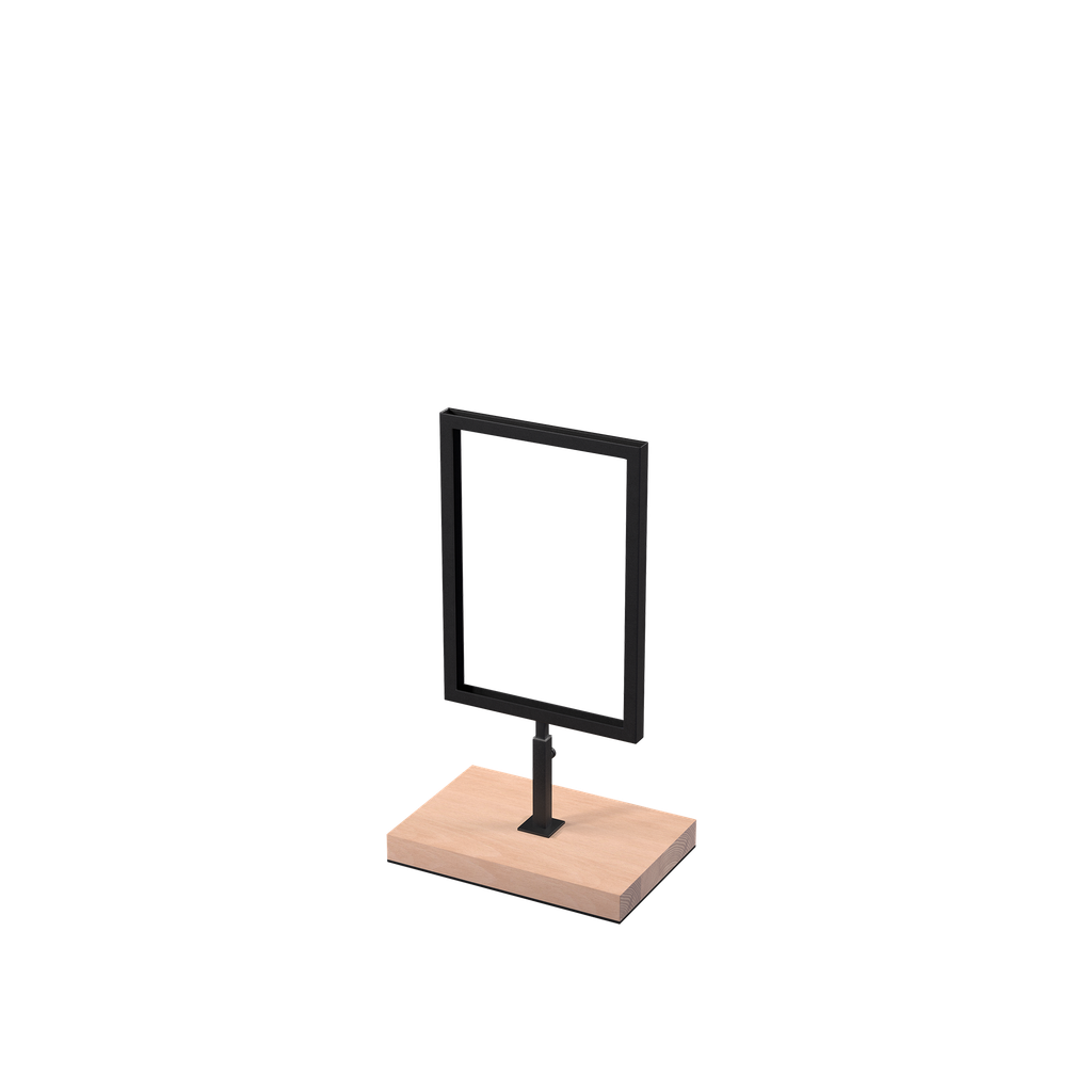 BINK - A5 info display, adjustable height, black powder-coated steel with wooden base