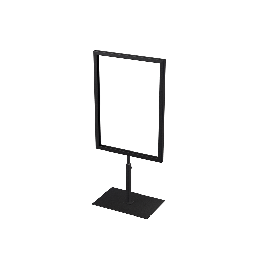 A4 info display, adjustable height, black powder-coated steel, interior