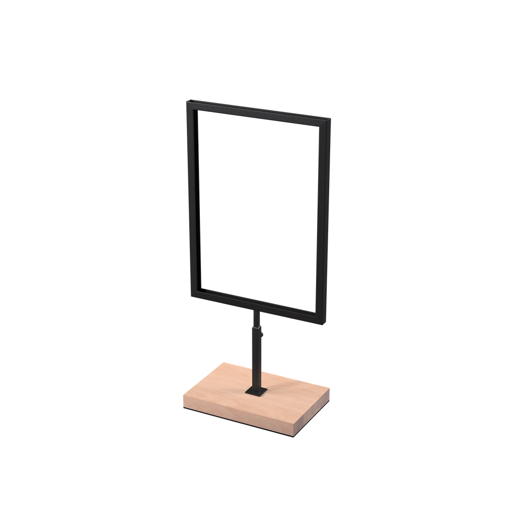 A4 info display, adjustable height, black powder-coated steel with wooden base, interior
