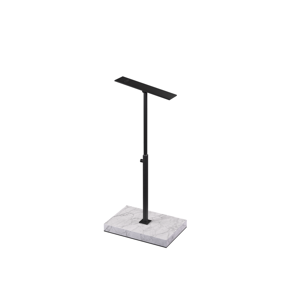 Shoe stand, adjustable height, black powder-coated steel with marble-look base