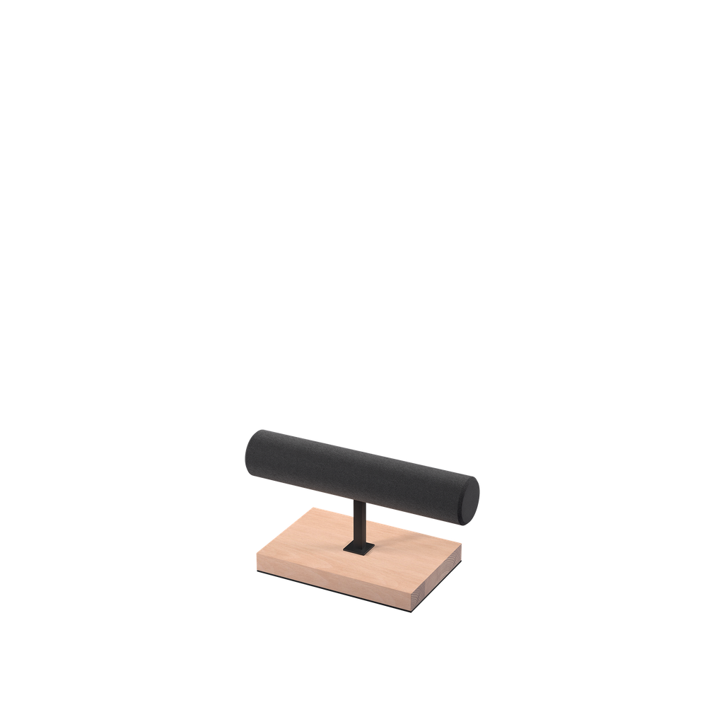 Bracelet and watch display, black powder-coated steel with wooden base