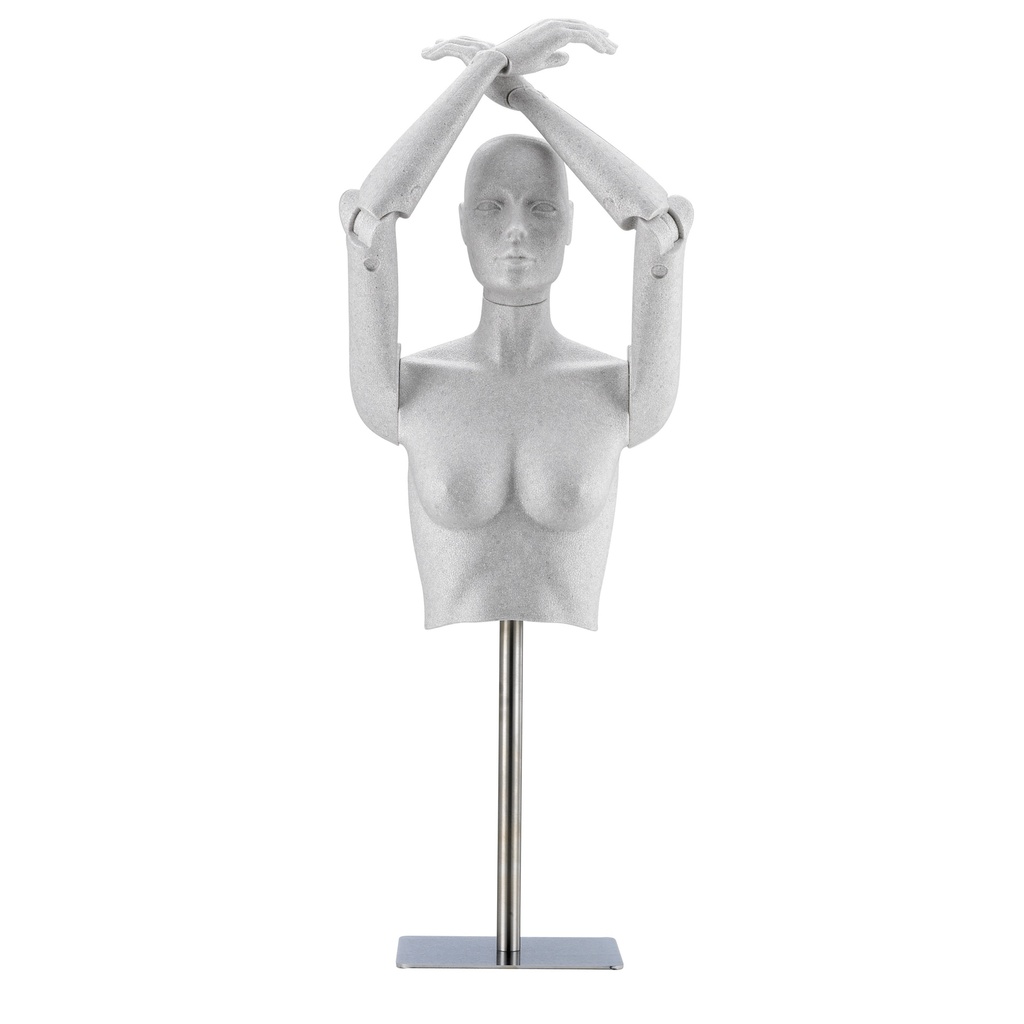 Flexible women's bust, silver gray, including rectangular chrome stand, including neck cap