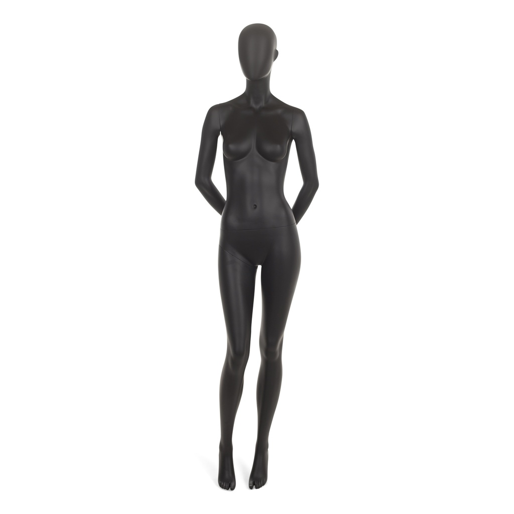 BINK - Black female window mannequin, abstract head, round glass base, pose 7