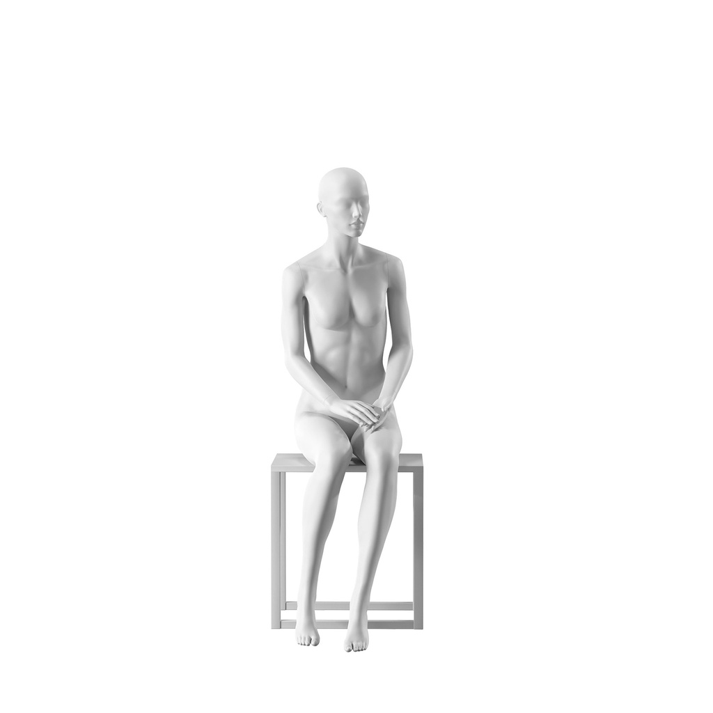 BINK - White female mannequin, abstract head with nose and mouth, round glass base, pose 004