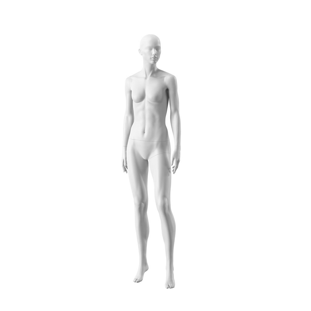 BINK - White female mannequin, abstract head with nose and mouth, round glass base, pose 005