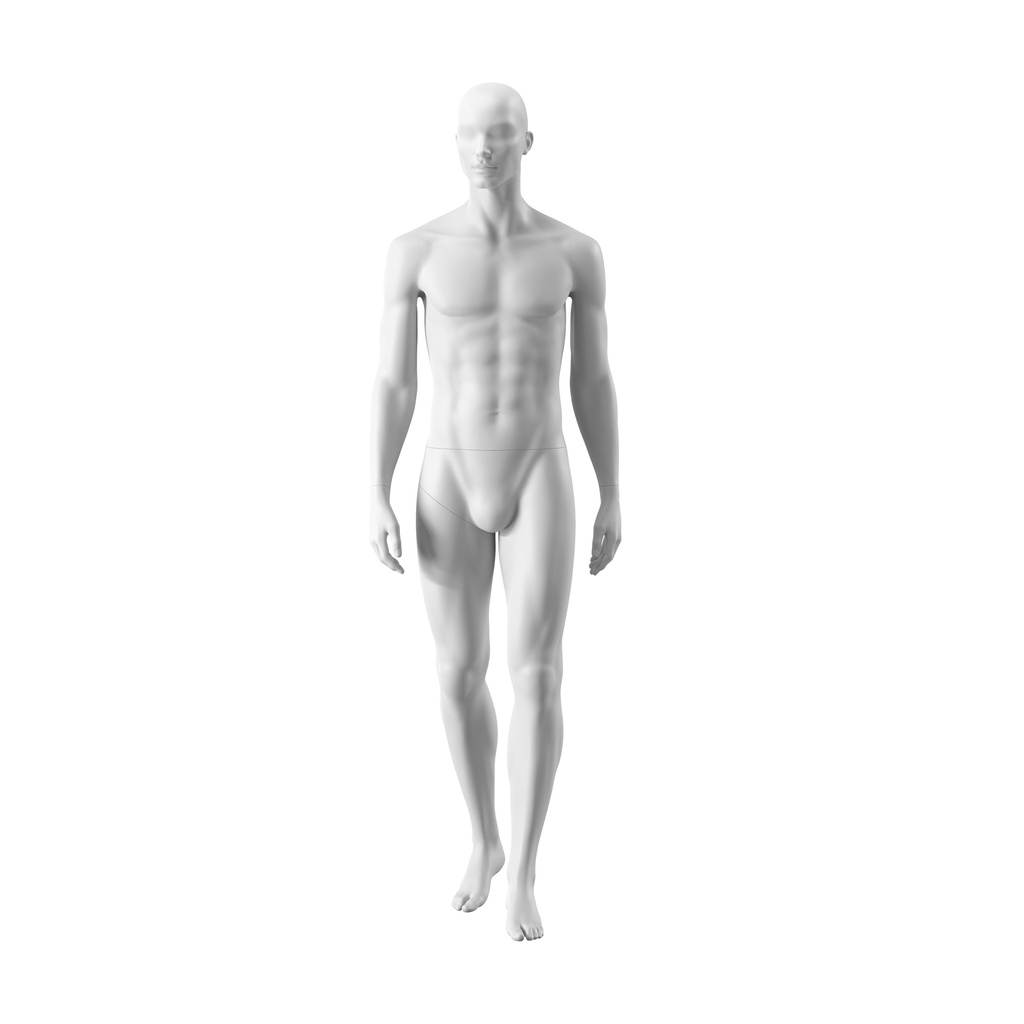 BINK - White male mannequin, abstract head with nose and mouth, round glass base, pose 301