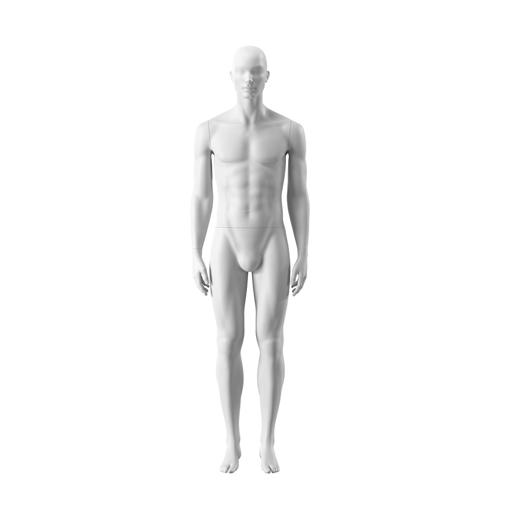 BINK - White male mannequin, abstract head with nose and mouth, round glass base, pose 305