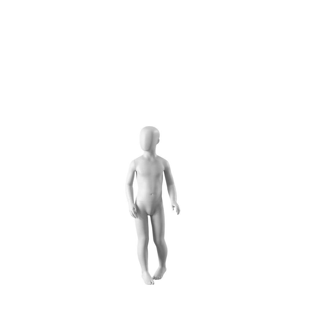 BINK - White abstract child mannequin, with abstract head, 6 years, white powdercoated base, pose CM304