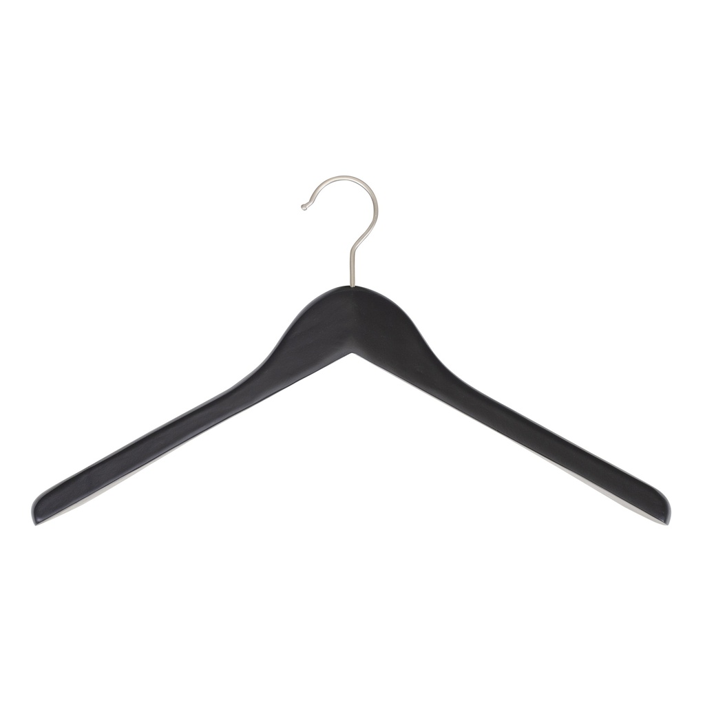 Black clothes hanger for jackets, 5 cm shoulder with, 44 cm, lotus wood, matt black finish, shiny hook - box of 20 pcs