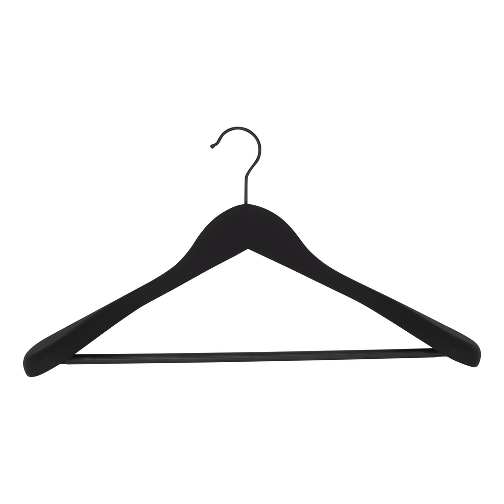 Soft clothes hanger for jackets and with trouser bar, 5 cm shoulder with, 44 cm, black, black hook - box of 30 pcs