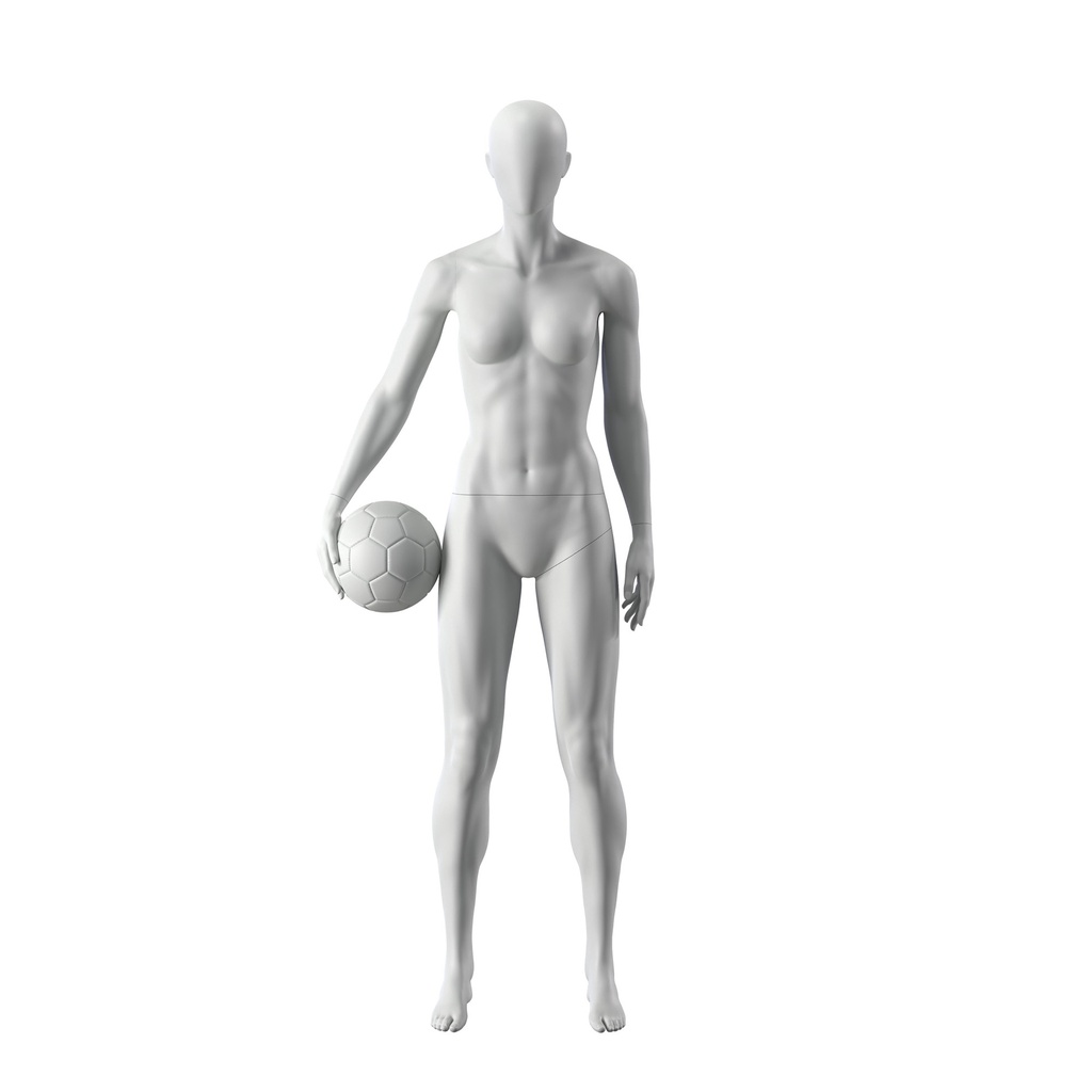Maniquí de deporte fútbol, mujer, gris, cabeza abstracta, postura de pie 16