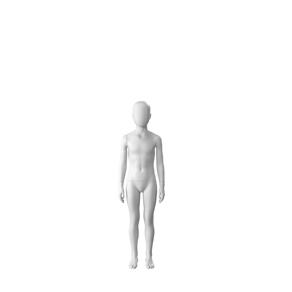 BINK - White abstract child mannequin, with abstract head, 8 years, white powdercoated base, pose CM308