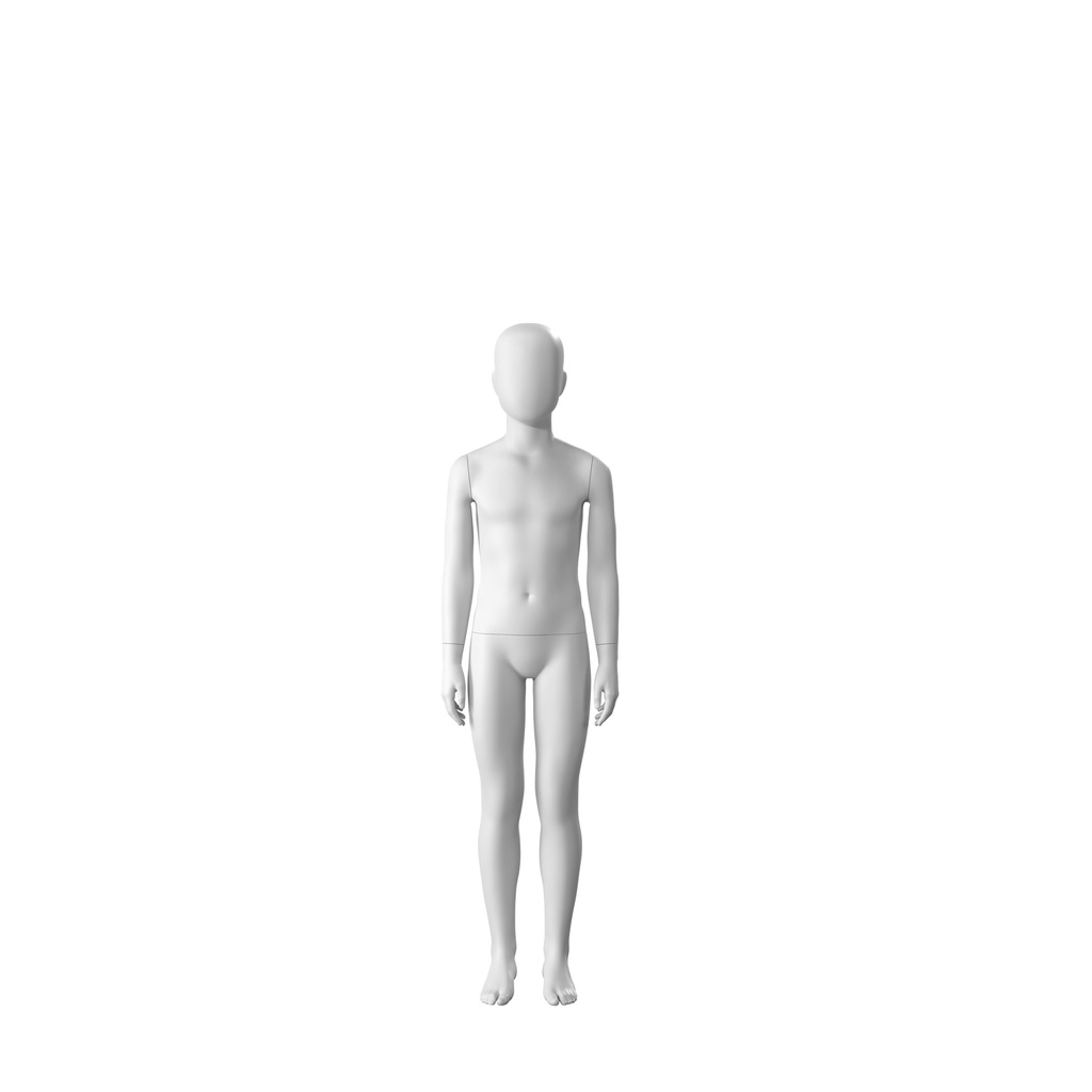 BINK - White abstract child mannequin, with abstract head, 10 years, white powdercoated base, pose CM310