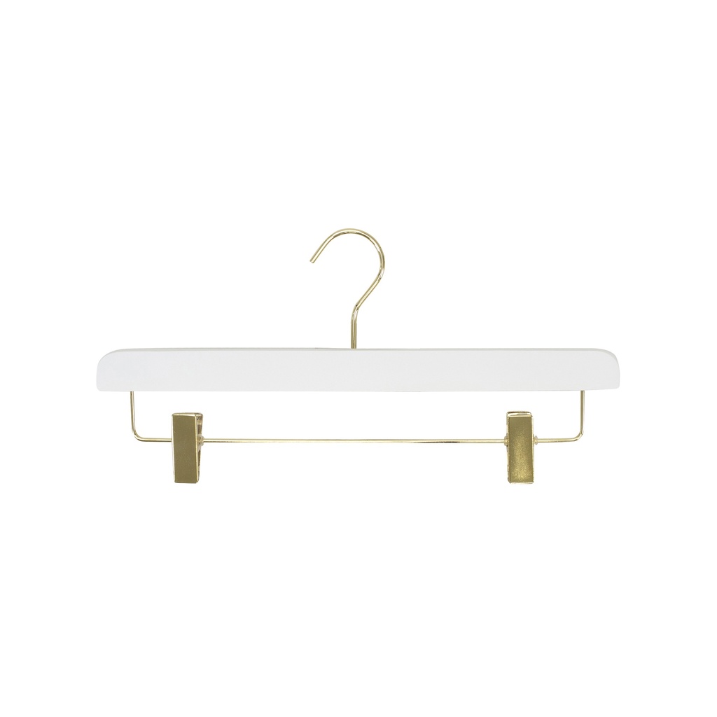 Clothing hanger with clips for trousers/skirts, white wood, shiny gold hook - box op 50 pcs