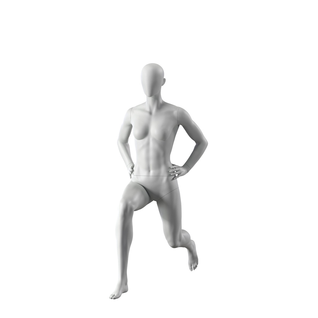 Stretching sport manenquin, female, grey, abstract head, standing pose 06