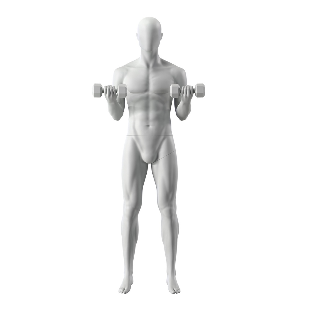 Fitness sport mannequin, male, grey, abstract head, standing pose 319