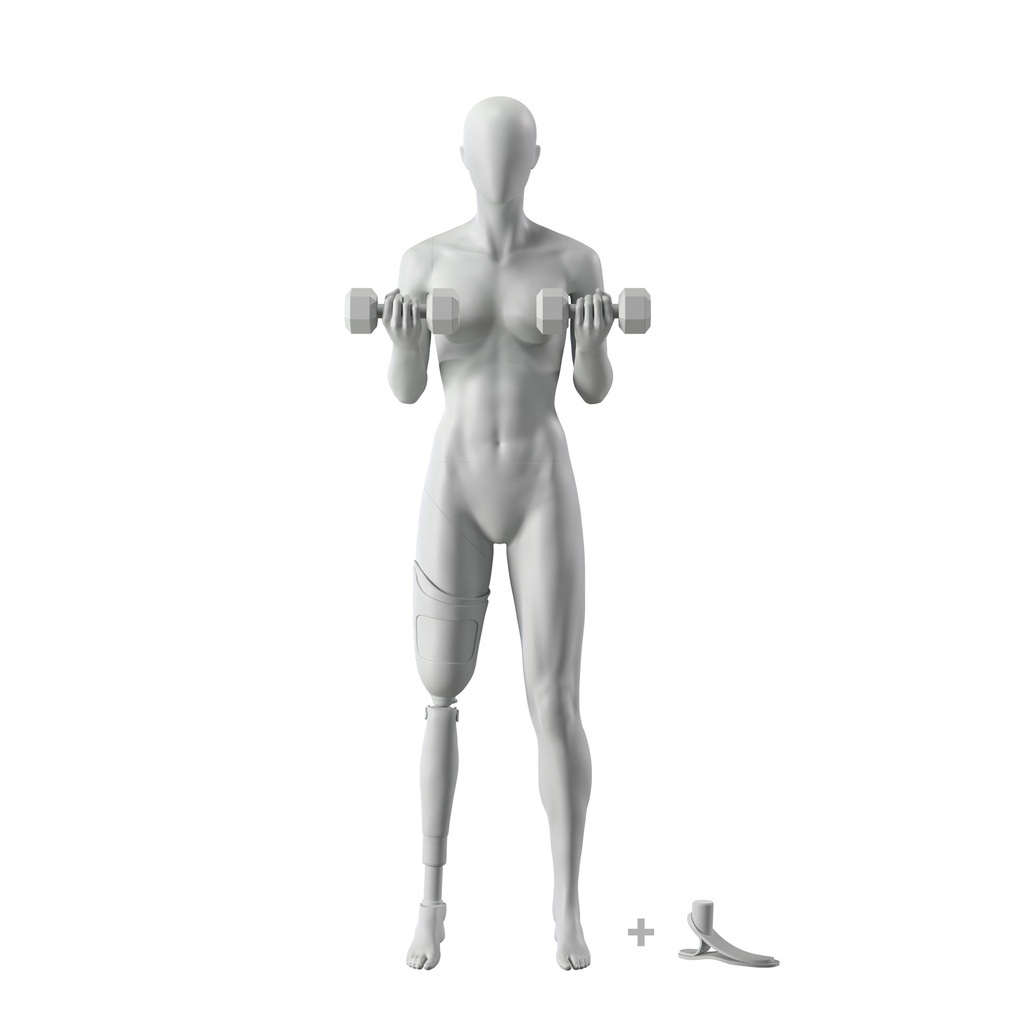 BINK - Fitness sport mannequin with leg prosthesis, female, grey, abstract head, standing pose 112