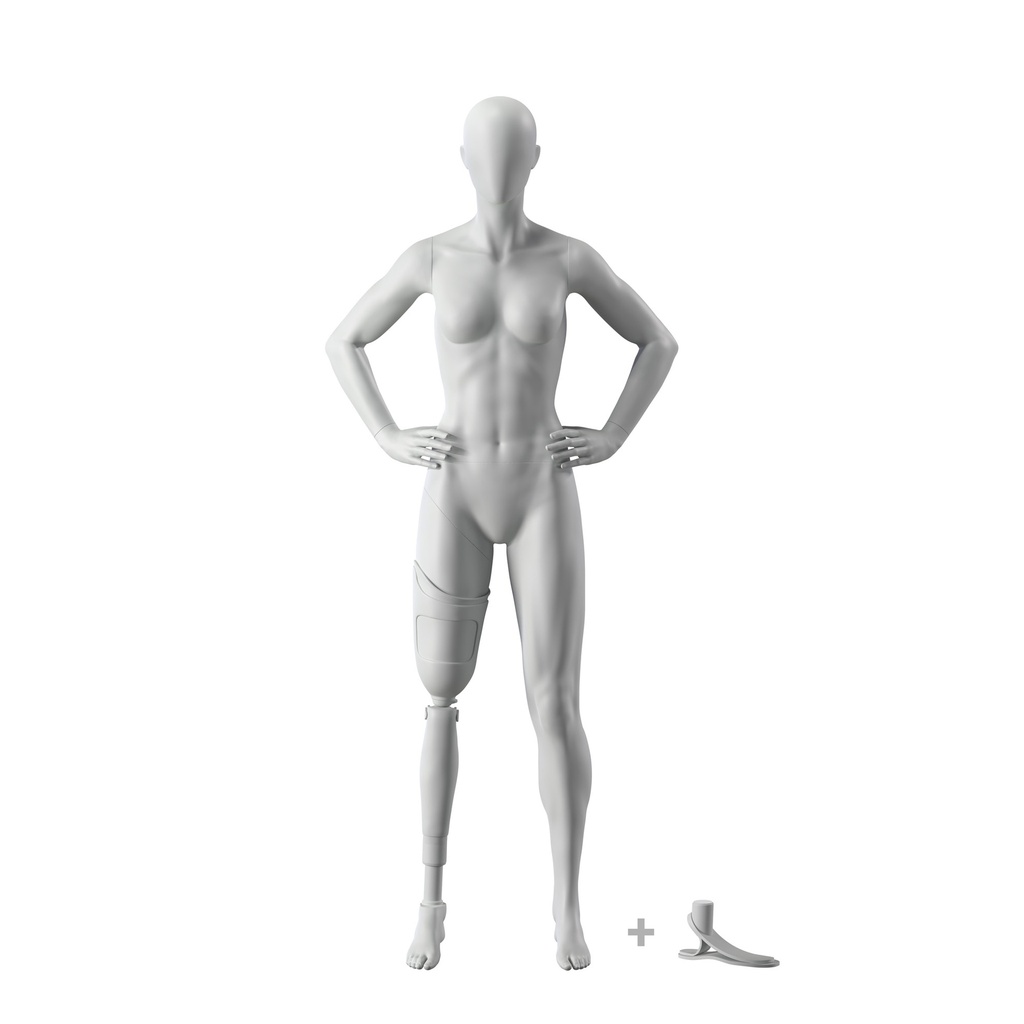 BINK - Sport mannequin with leg prosthesis, female, grey, abstract head, standing pose 113