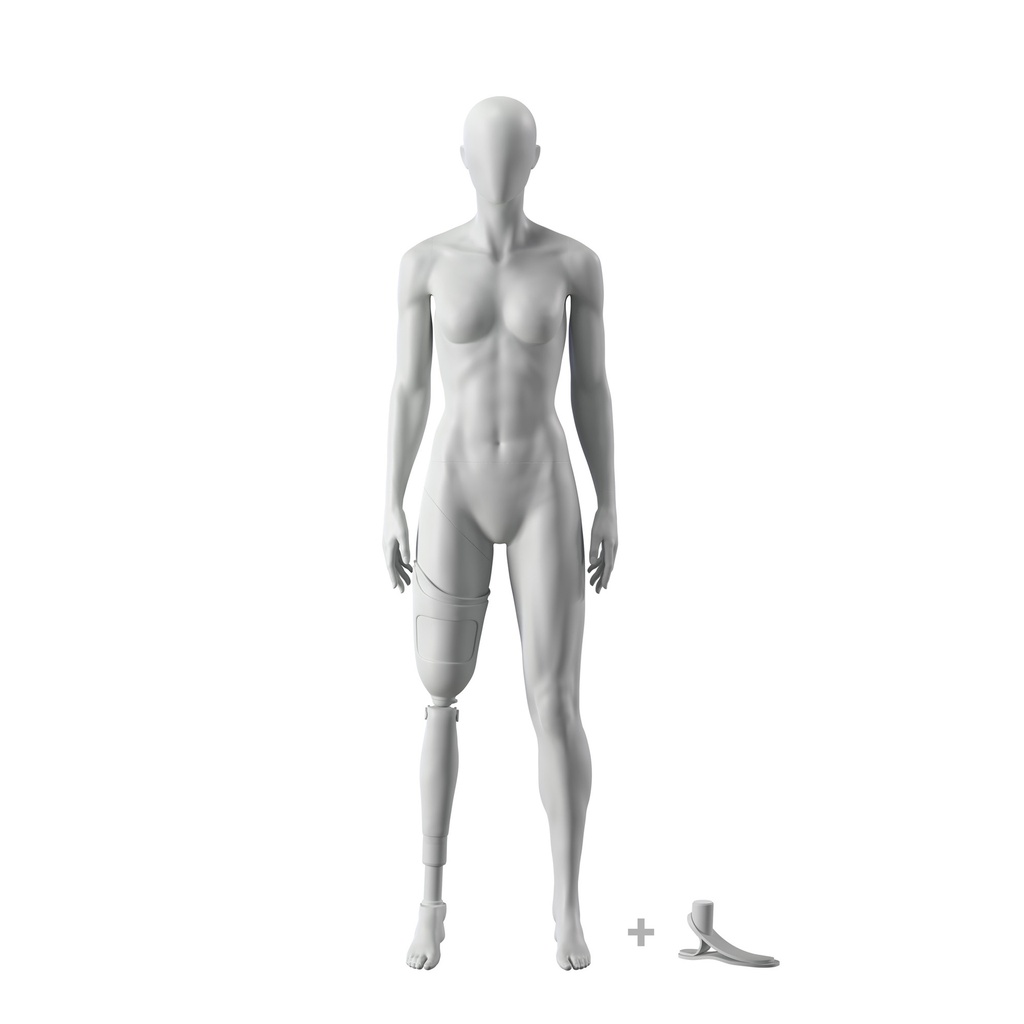 BINK - Sport mannequin with leg prosthesis, female, grey, abstract head, standing pose 101