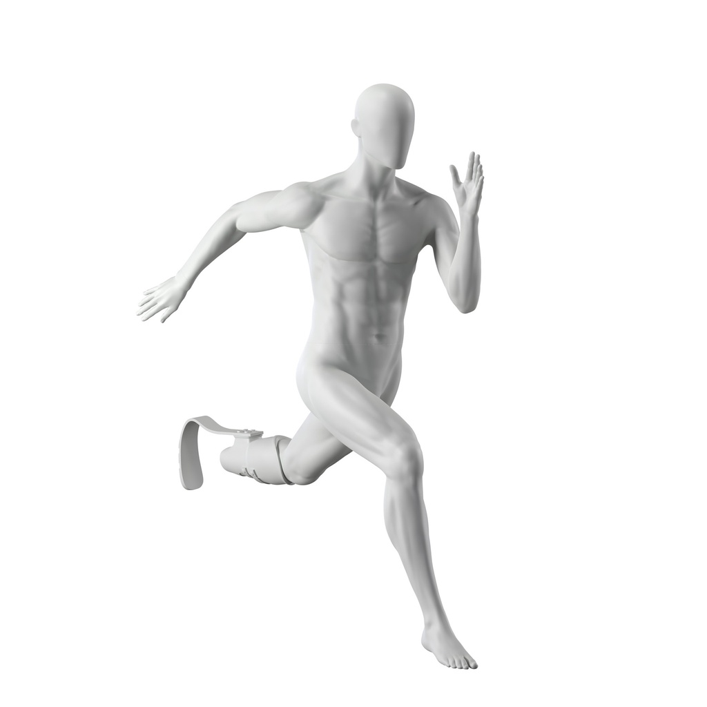 BINK - Running sport mannequin with prosthetic leg, male, grey, abstract head, standing pose 405