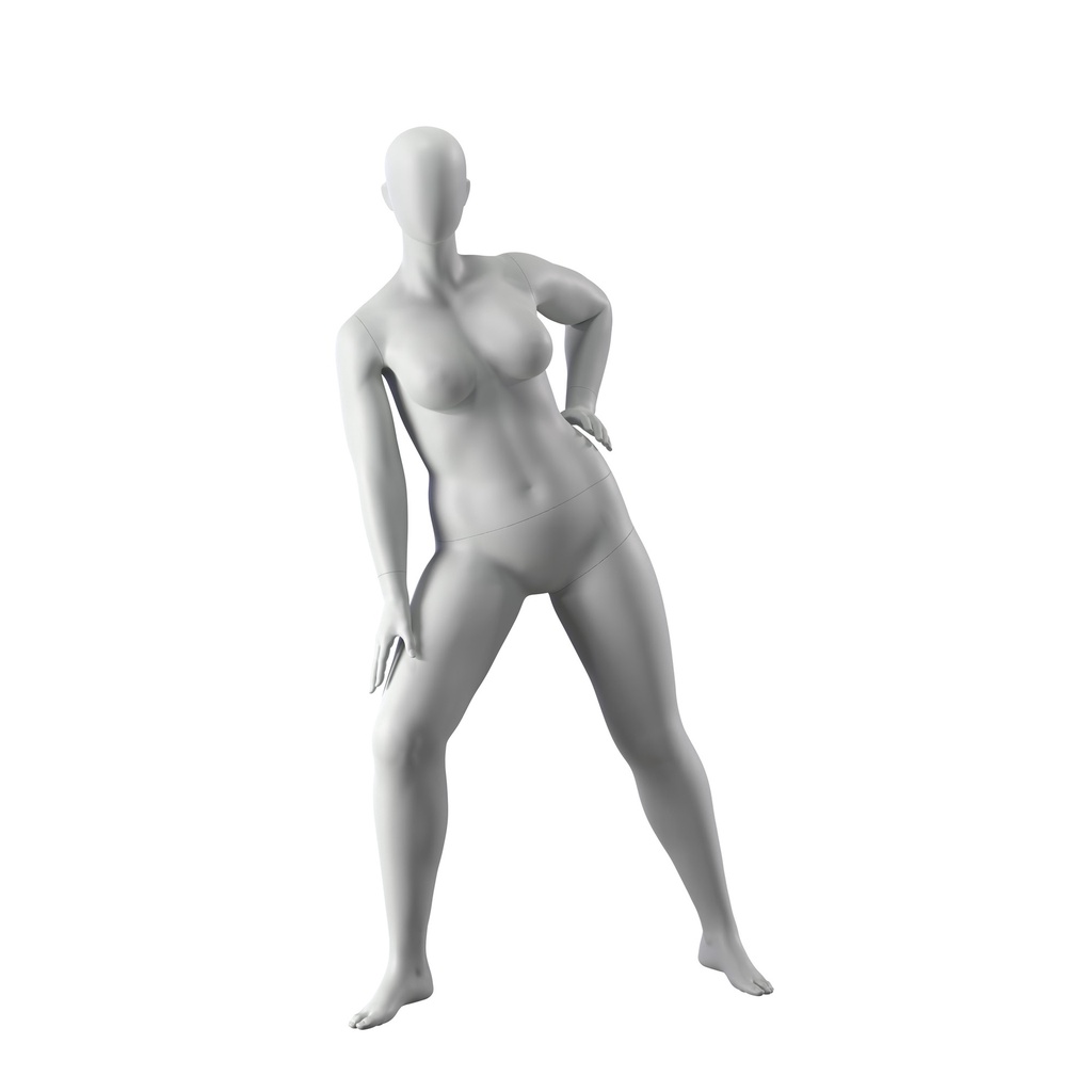 Stretching plus size sport mannequin, female, grey, abstract head, standing pose 31