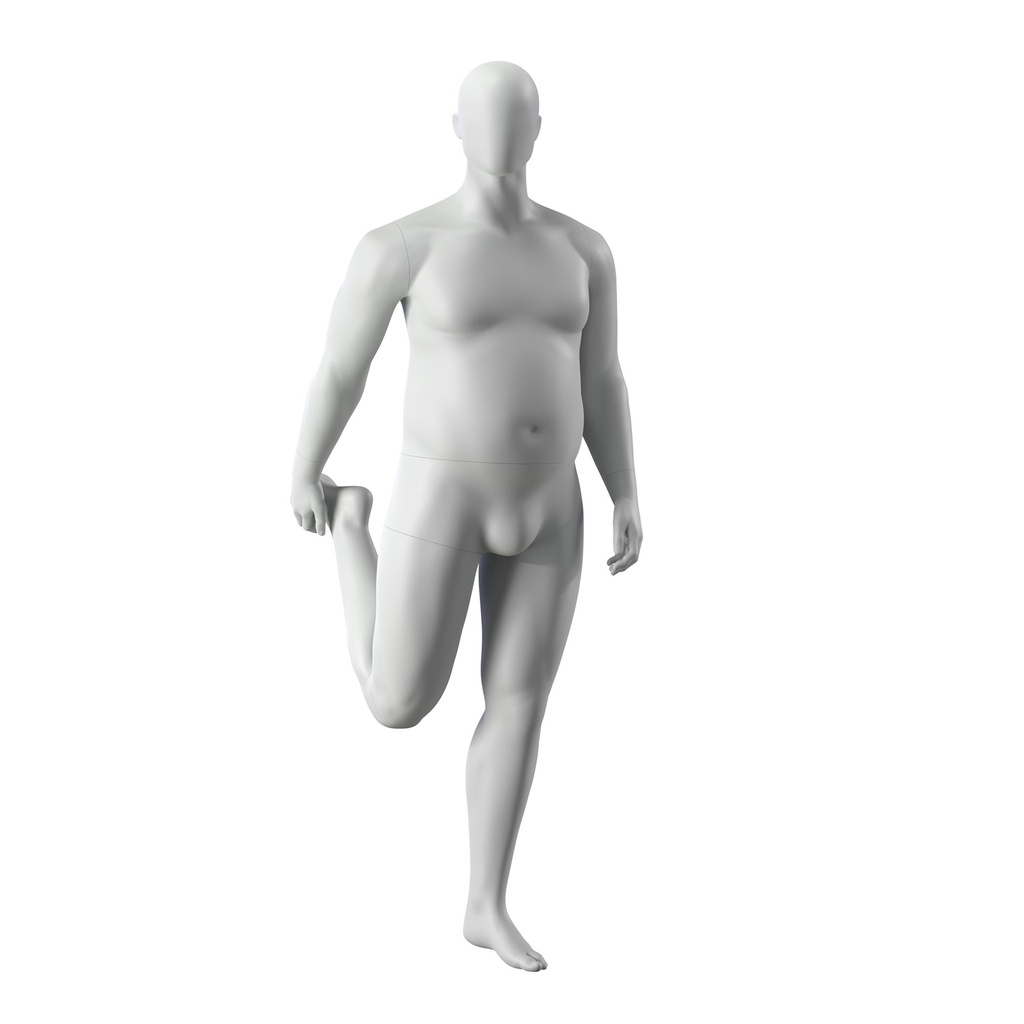 BINK - Stretching plus size sport mannequin, male, grey, abstract head, standing pose 350