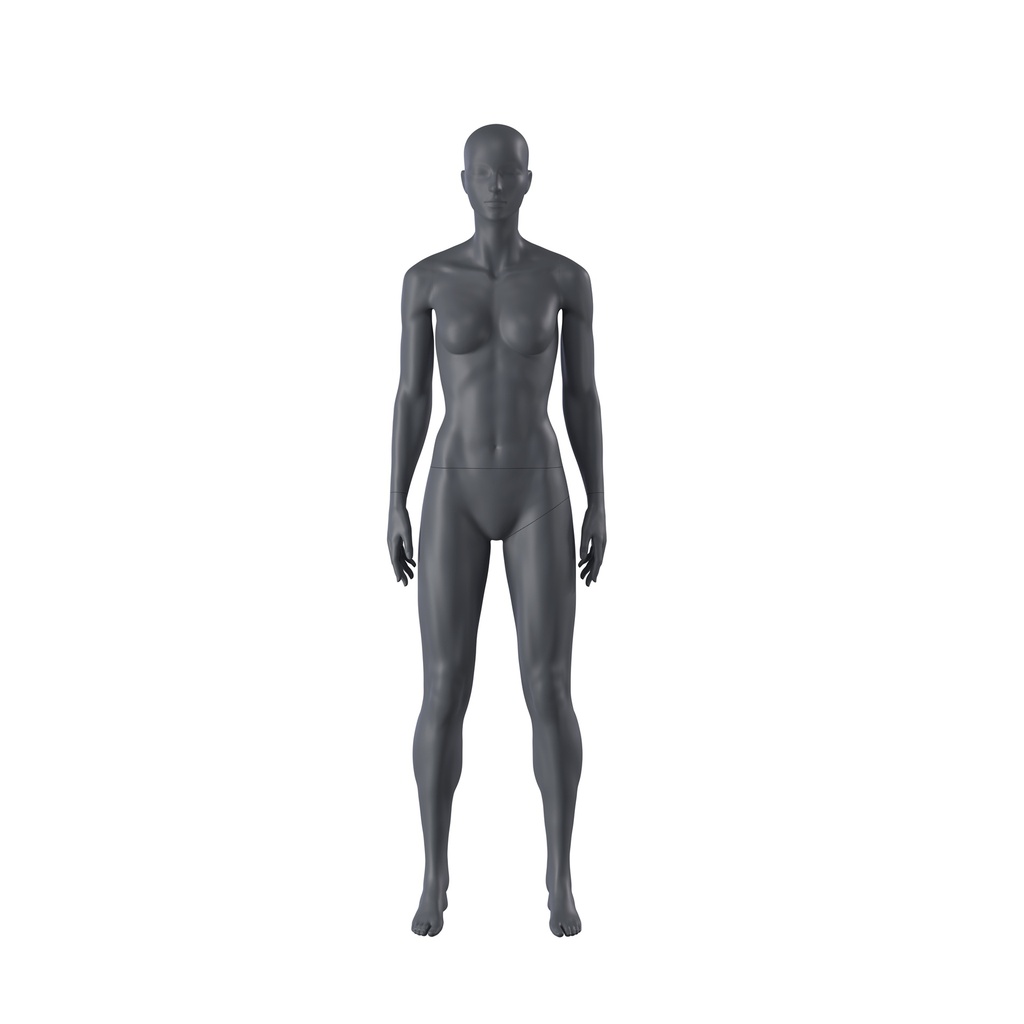Female sports mannequin, omnisport, graphite grey, stylised head, standing pose 01