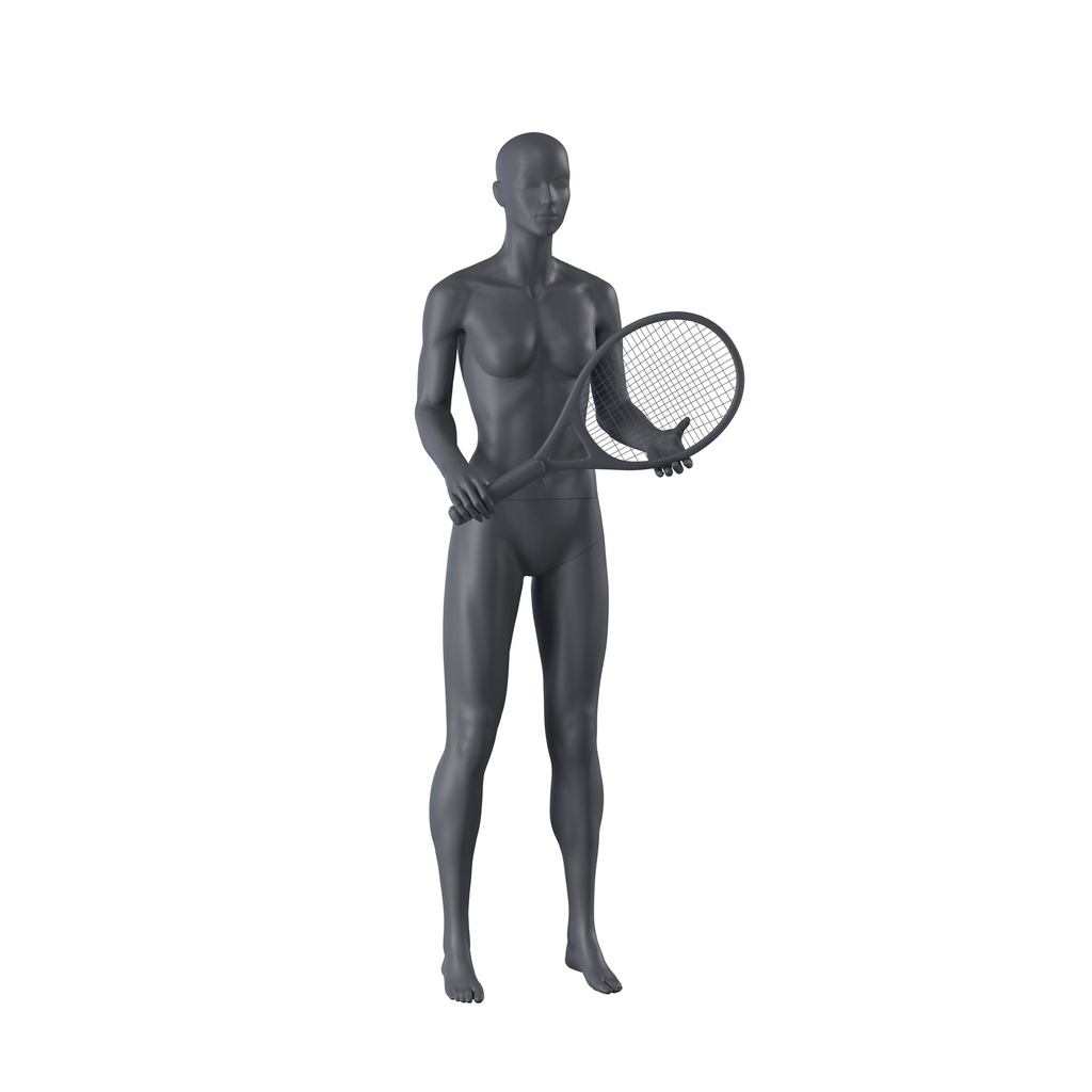 Tennis sport female mannequin, graphite grey, stylized head, standing pose 02